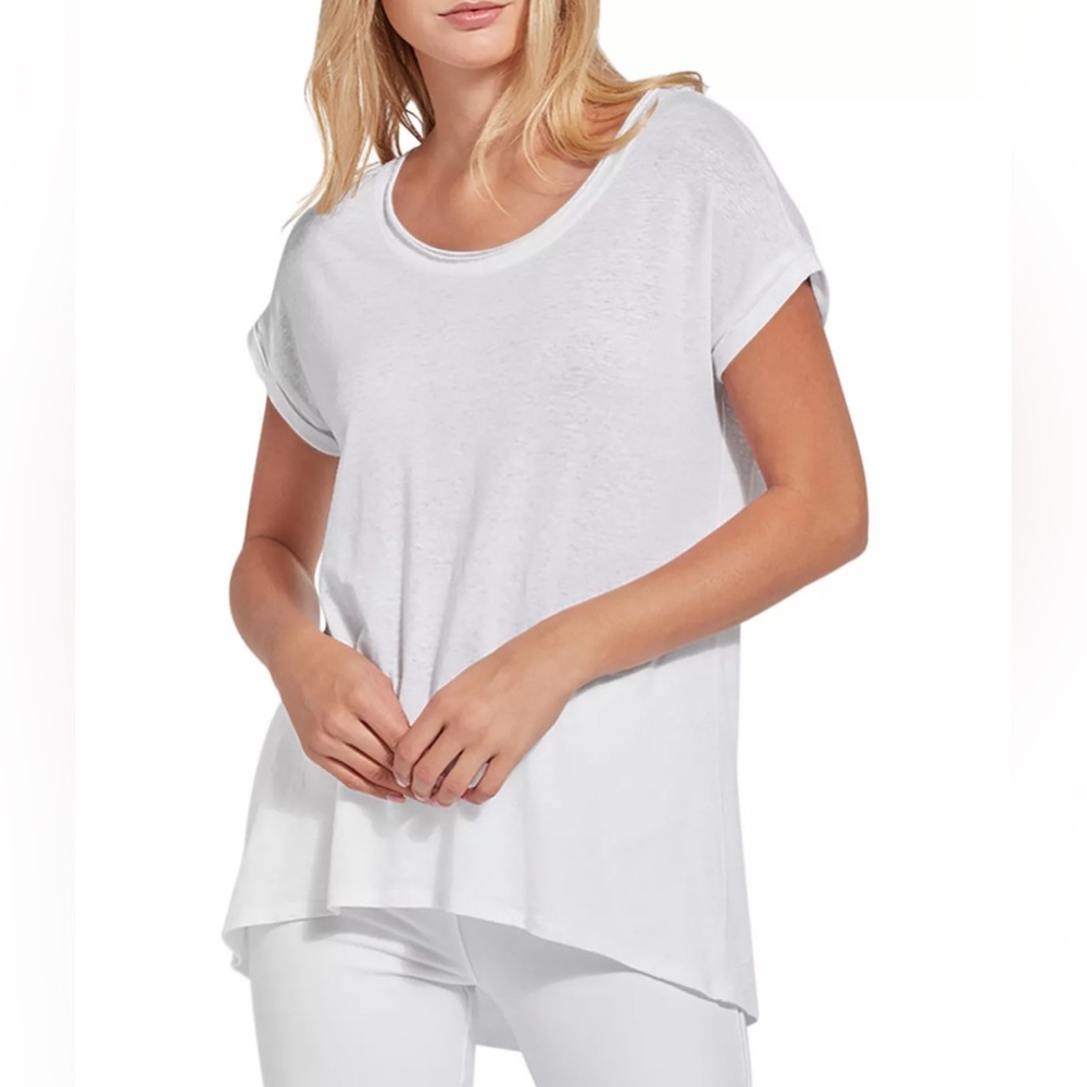 Lysse Designer High Low White Linen Scoop Neck T Shirt Lightweight Tee Top M